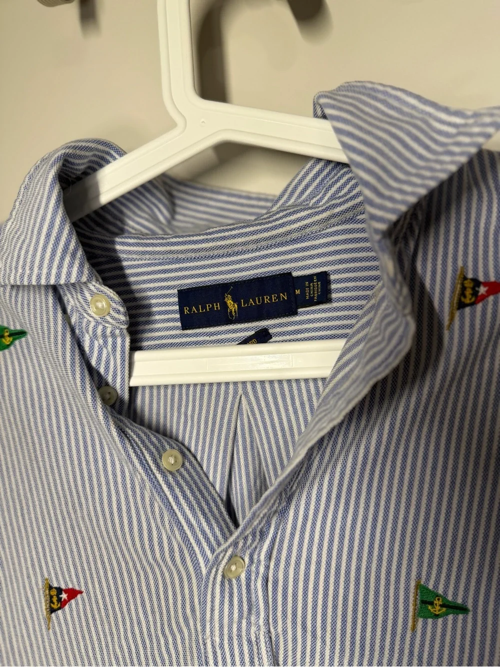 Ralph Lauren Light Blue & White Striped Polo with Embroidered Nautical Pennants